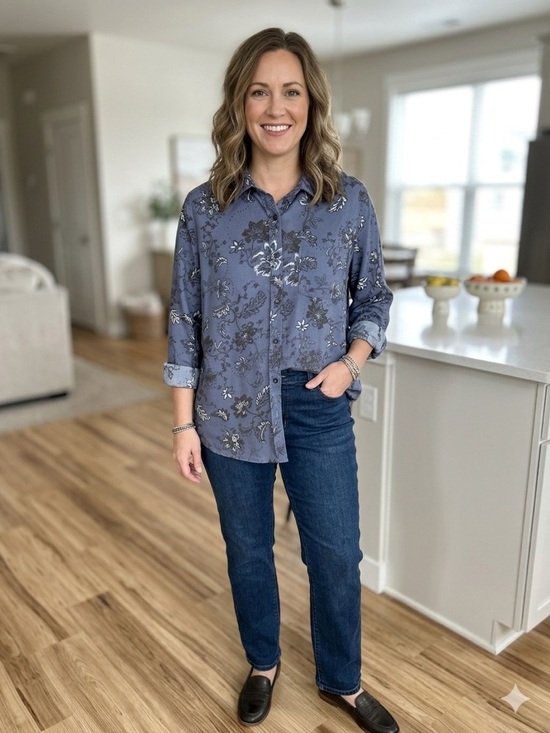 Woman Within Tops - Woman Within Navy and Light Blue Floral Top